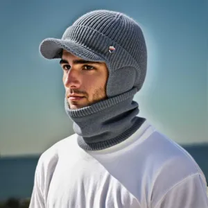 Herren Winter Strickmütze mit Ohrenklappen und Schal warme thermische graue Haube für kaltes Wetter