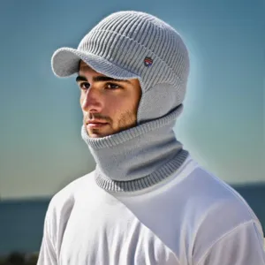 Herren Winter Strickmütze mit integriertem Nackenwärmer und Ohrenklappen grau warm