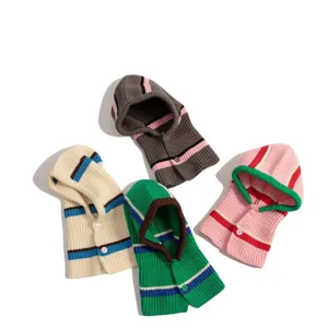 Women winter knit balaclava hooded scarf warm ear protection thick pullover woolen knit hat