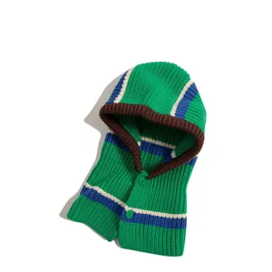 Green striped knitted balaclava winter warm hooded scarf and cap for women fashion outdoor.