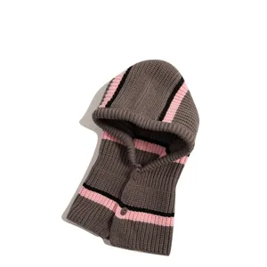 Knit balaclava hood scarf winter warm earflap grey pink stripes with button detail.