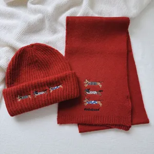 Cute dachshund embroidered red knit hat and scarf set for women autumn winter warm wear.