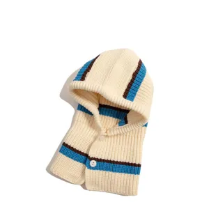 Knitted balaclava hood detail, cozy warm winter fleece scarf hat with blue brown stripes.