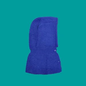 Detailed view of a blue knitted balaclava, cozy winter warm hooded scarf for women.