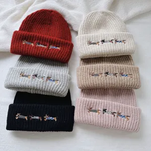 Cute dachshund embroidery knitted beanie hat winter warm soft stylish casual daily wear cap.