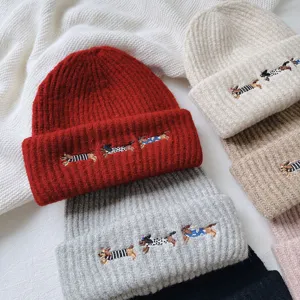 Cute dachshund embroidery knitted beanie winter warm wool blend hat for women and girls