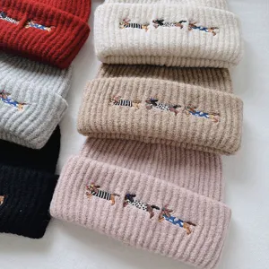 Cute dachshund embroidery knitted beanie hat winter warm thick soft woolen cap for women casual