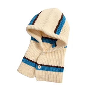 Knitted balaclava hood winter warm striped hooded scarf button neck warmer hat for women
