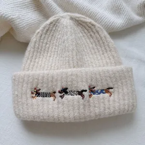 Cute dachshund embroidery knit beanie hat for women, soft warm wool blend winter cap.