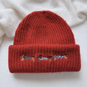 Red knit beanie hat for women winter, cute dachshund dog embroidery, warm wool blend cap.