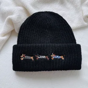 Cute dachshund embroidered black knit beanie hat, cozy wool blend winter warm cap for women.