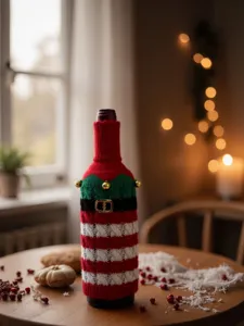 Nahaufnahme Detailaufnahme eines festlichen gestrickten Weihnachts-Weinflaschenbezugs am Tisch.