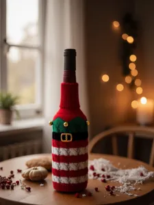 Nahaufnahme einer festlichen Weihnachts-Weinflaschenhülle aus Strick mit Streifen.