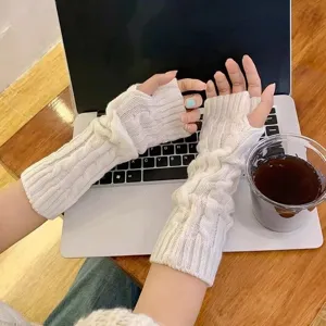 Cozy winter fingerless knit gloves arm warmers, stylish long soft thermal sleeve warm.