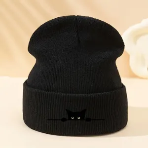 Berretto in maglia nera autunno inverno con stampa gatto carina, cappello caldo casual.