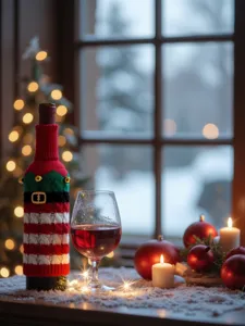 Weihnachtliche gestrickte Weinflaschenhülle mit Streifen, festliche Küchendekoration.
