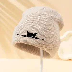 Berretto in maglia con stampa di gatto nero per donna e uomo, cappello invernale caldo.