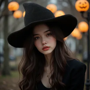 Close-up detail of black knitted pointed witch hat, perfect for Halloween costume.