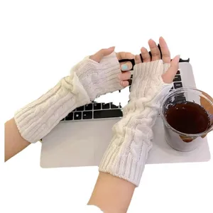 White knitted arm warmers winter long fingerless gloves thumb hole warm soft arm sleeves.