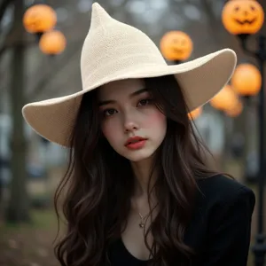Beige knitted Halloween witch hat detail, pointy magic hat for women holiday costume wear.