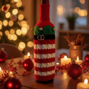 Weihnachts gestrickte Weinflaschenhuelle gestreifte festliche Tischdeko fuer die Kueche