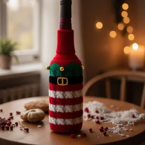 Weihnachten gestrickte Weinflaschenhülle festliche gestreifte Rotweinhülle Partydeko