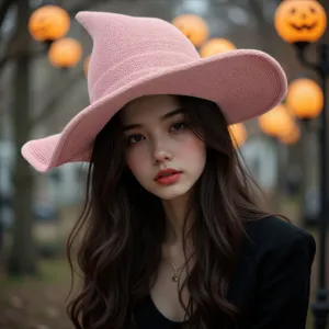 Knitted pink witch hat detail shot, showing soft cotton yarn texture and pointy foldable design.