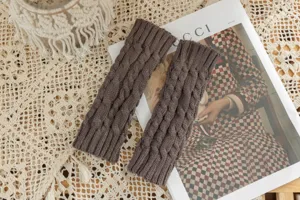 Knitted cable arm warmers winter fingerless gloves brown short knit thermal hand cuffs