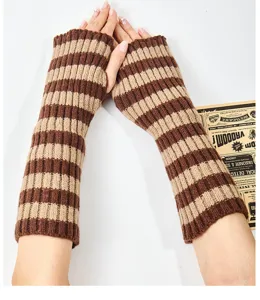 Knitted striped fingerless gloves arm warmers winter fashion long arm sleeves pair