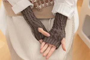 Brown cable knit fingerless gloves autumn winter warm arm warmers stylish wool half finger