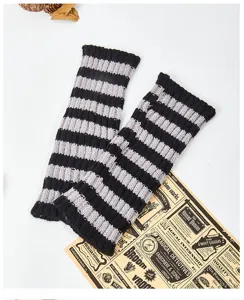 Black and grey striped knitted arm warmers, cozy fingerless gloves for winter daily wear.