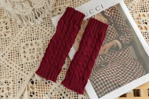 Dark red cable knit fingerless gloves autumn winter warm wool short arm warmers detail shot