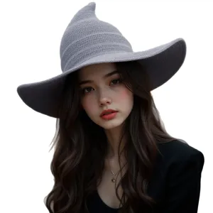 Knitted Halloween witch hat for women, foldable pointy brim magic cap in stylish gray color.