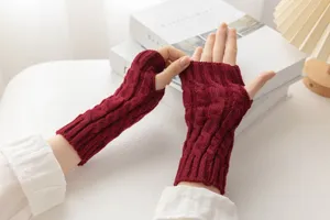 Autumn winter cable knit fingerless gloves for women men short warm wool arm warmers