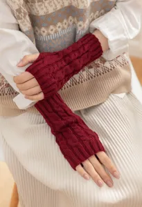 Autumn winter short cable knit fingerless gloves for women men warm wool arm warmers fashion.