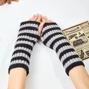 Chauffe-Bras Rayés Tricotés Gants Sans Doigts Hiver Chauds Gants à Manches Longues Mode Poignets Thermiques Pour Femmes