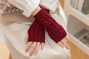 Wine red cable knit fingerless gloves autumn winter warm wool half finger gloves for unisex.