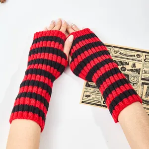 Unisex Knitted Striped Arm Sleeves Winter Warm Fingerless Gloves Color Block Thermal Fashion Apparel Accessories