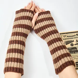 Brown beige striped knitted arm warmers, cozy winter long fingerless gloves sleeves.