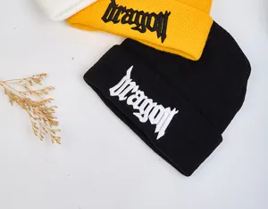 Bonnet en tricot chaud pour femmes et hommes, broderie dragon gothique stylée, bonnet d'hiver.