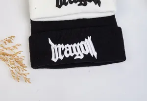 Vue détaillée du bonnet tricoté d'hiver unisexe avec broderie gothique stylée et tissu doux
