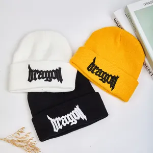 Unisex Hiver Chaud Bonnet en Tricot Décontracté Broderie de Lettres Beanie Chapeau Hip Hop Crâne Casquette Souple Extensible