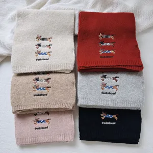 Cute dachshund embroidery knit scarf winter warm wool blend multi-color detail view.