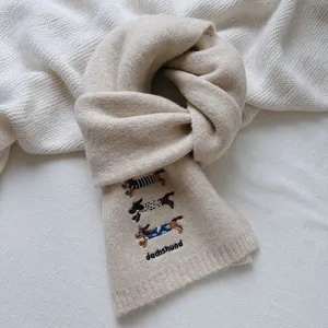 Cute dachshund embroidery wool blend knitted scarf detail, soft warm winter neck warmer.