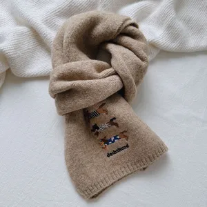 Cute dachshund embroidered wool blend knitted scarf, cozy autumn winter neck warmer for women.