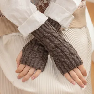 Cable knit fingerless gloves for autumn and winter, warm brown wool arm warmers fashion.
