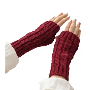 Burgundy cable knit fingerless gloves for women and men, warm winter arm warmers.