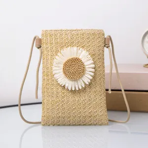 Sac Bandoulière en Paille Tressée Été Décontracté Mignon Marguerites Téléphone Femme