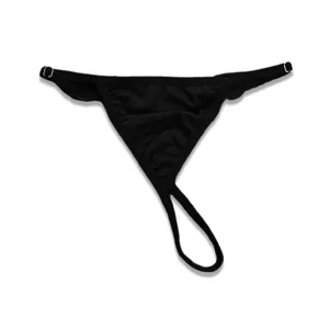 Sexe schwarze Damen T-String Unterwäsche mit verstellbaren Metallringen an den Seiten für Party.
