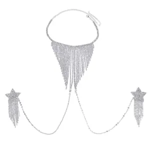 Shiny rhinestone star tassel body chain sexy chest chain party jewelry detail view